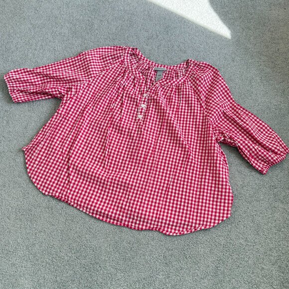 - Catherines 100% Cotton Fuchsia Pink White Gingham 3/4 Sleeves Blouse 3XWP - Picture 1 of 5